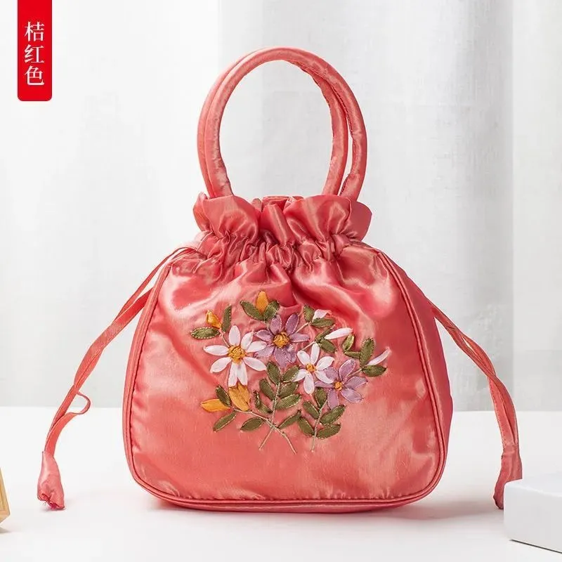 Christmas Gift 2024 New Ethnic Style Retro Embroidery Bucket Drawstring Mobile Phone Bag Storage Craft Handmade Handbags Multifunction Bolsa