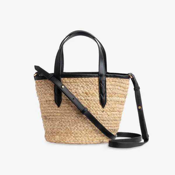 Jute tote bag with embroidered slogan and leather strap Zadig&Voltaire, color noir